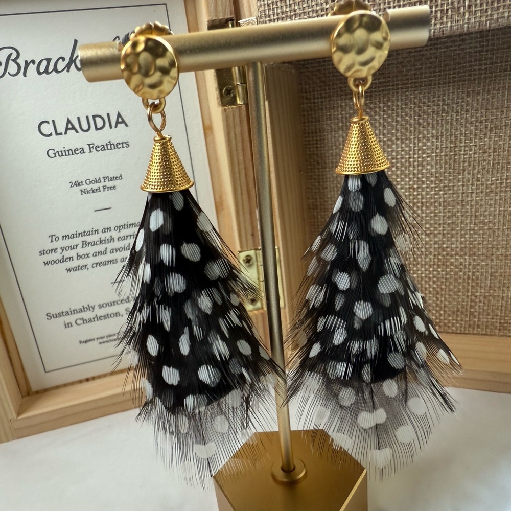 Gold Top Black & White Feather Drop Earrings - Picture 8 of 12